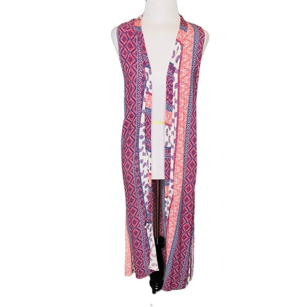 Mamie Ruth Sleeveless Open Front Paisley Print Kimono Duster XS